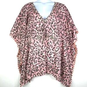 Ludi Beach Cover Up Summer Kimono V Neck Bejeweled  Pink Animal Print Size XL